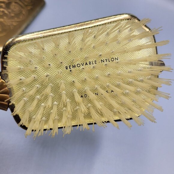 Vintage Vanity Mirror & Brush Set With Ornate Gold Finish Womens Dresser Set - Picture 5 of 10